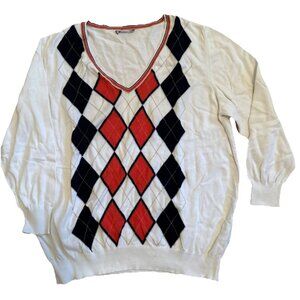 Luxury Made in Italy Women’s Argyle V-Neck Sweater - White/Navy/Red - Size XL